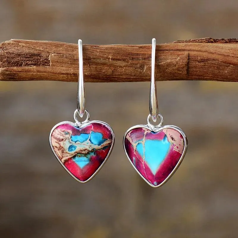 Giiny Blue Center Jasper Hearts Drop Earrings