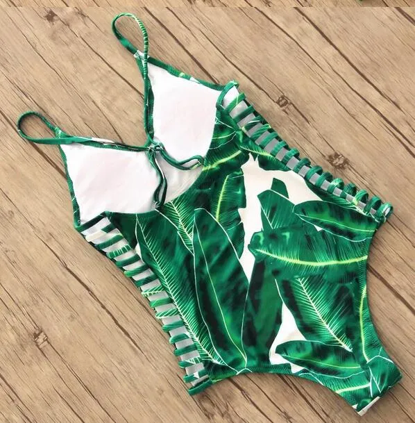 Green Leaf Print Ladder Cutout One-Piece Swimsuit