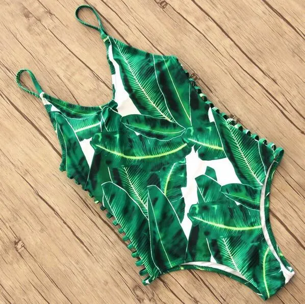 Green Leaf Print Ladder Cutout One-Piece Swimsuit