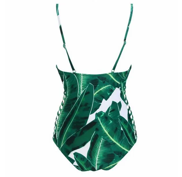 Green Leaf Print Ladder Cutout One-Piece Swimsuit