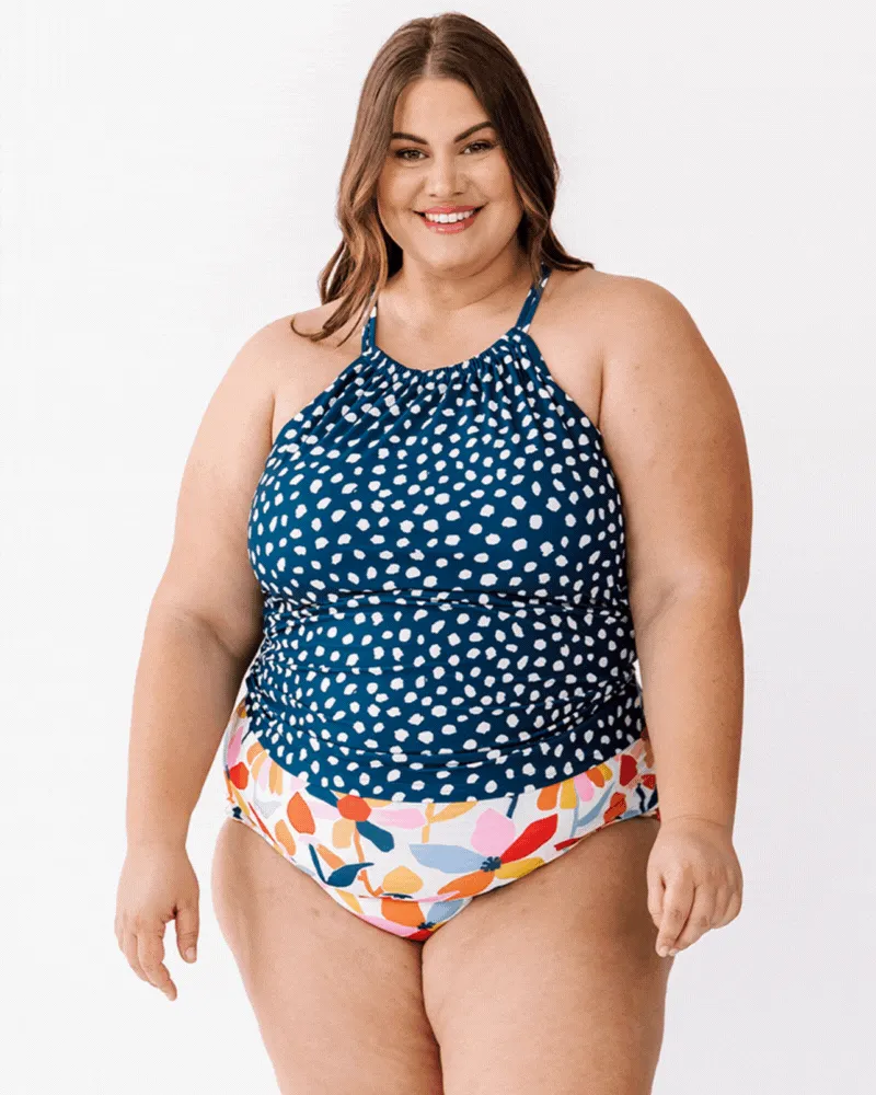 Indigo Dot Double-Cinch Tankini Top