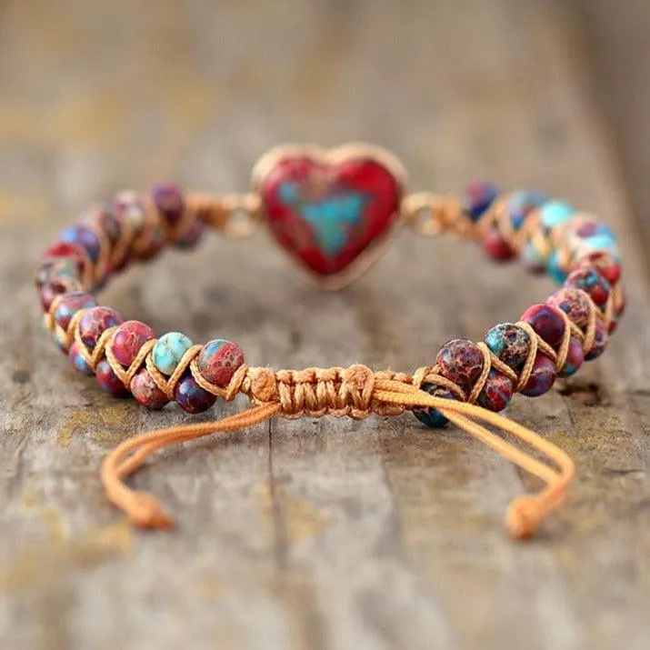 Jasper Heart Charm Braided Bracelet - purple