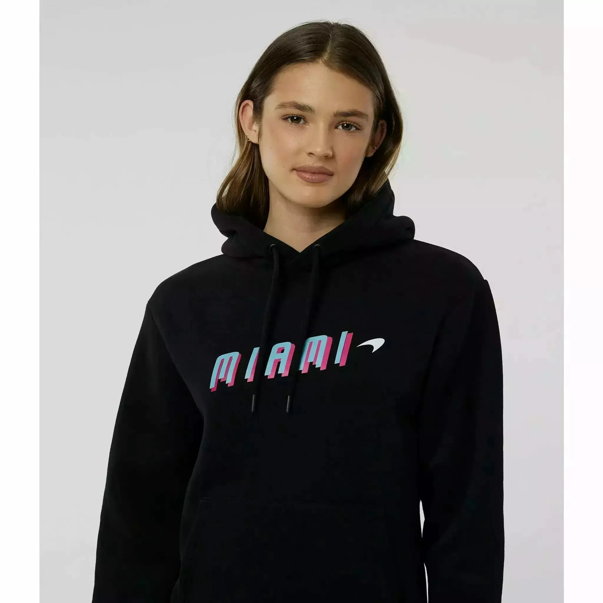 McLaren F1 Women's Miami Neon Graphic Hoodie -Black/Vice Blue/Beetroot Purple