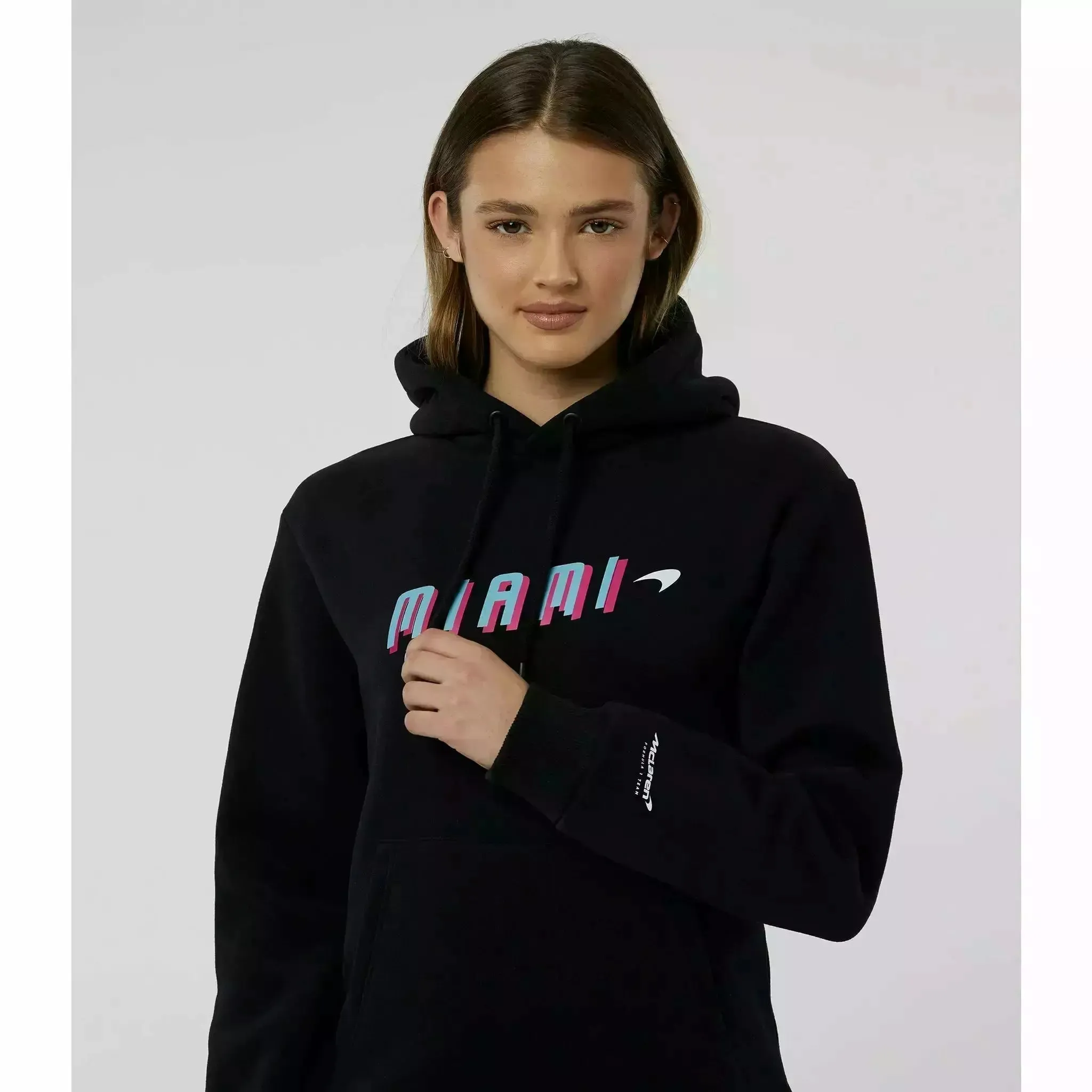 McLaren F1 Women's Miami Neon Graphic Hoodie -Black/Vice Blue/Beetroot Purple