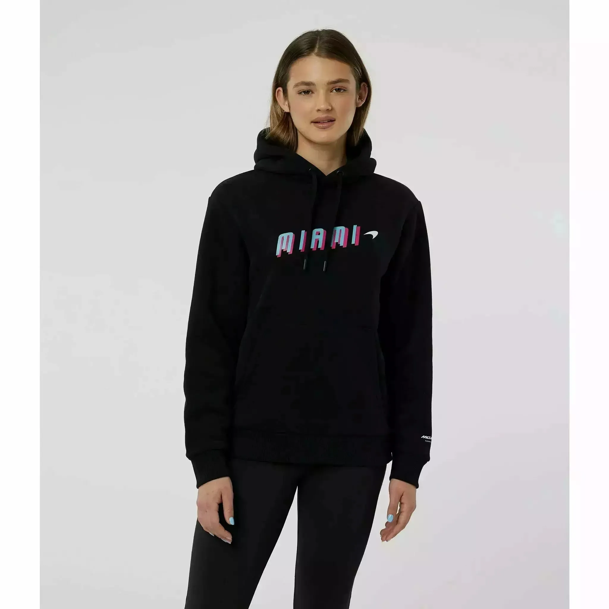 McLaren F1 Women's Miami Neon Graphic Hoodie -Black/Vice Blue/Beetroot Purple