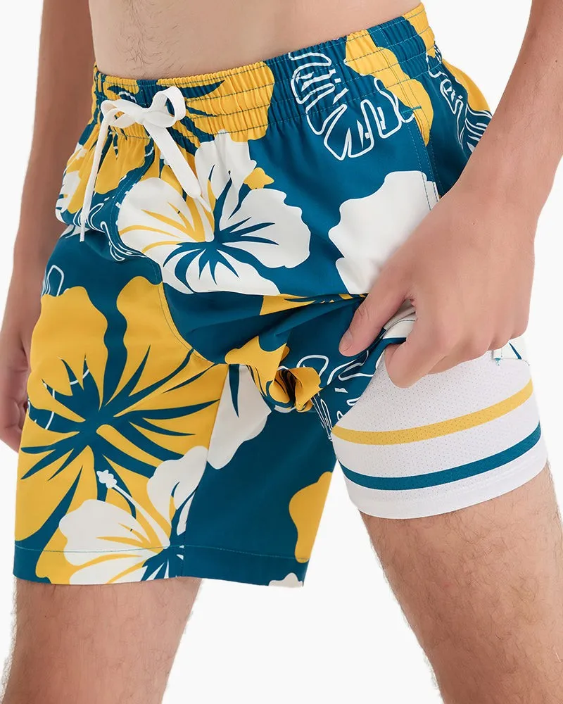 Men's Swim Beach Trunks - White Yellow Flower