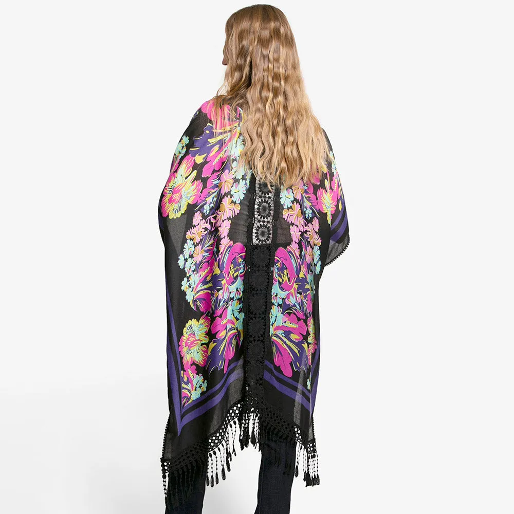 Navy Floral Patterned Lace Cover Up Kimono Poncho