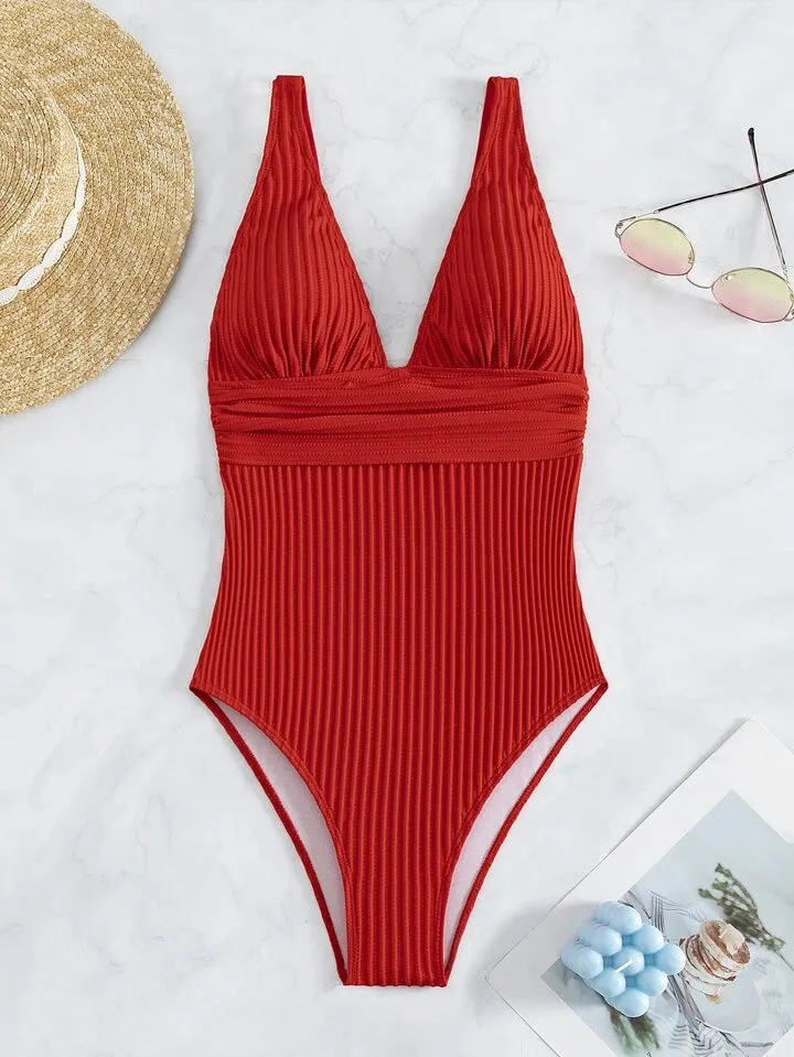 Plain ruched one piece swimsuit