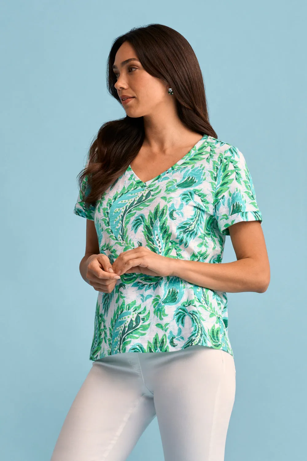 Print V-Neck T-Shirt - Fern