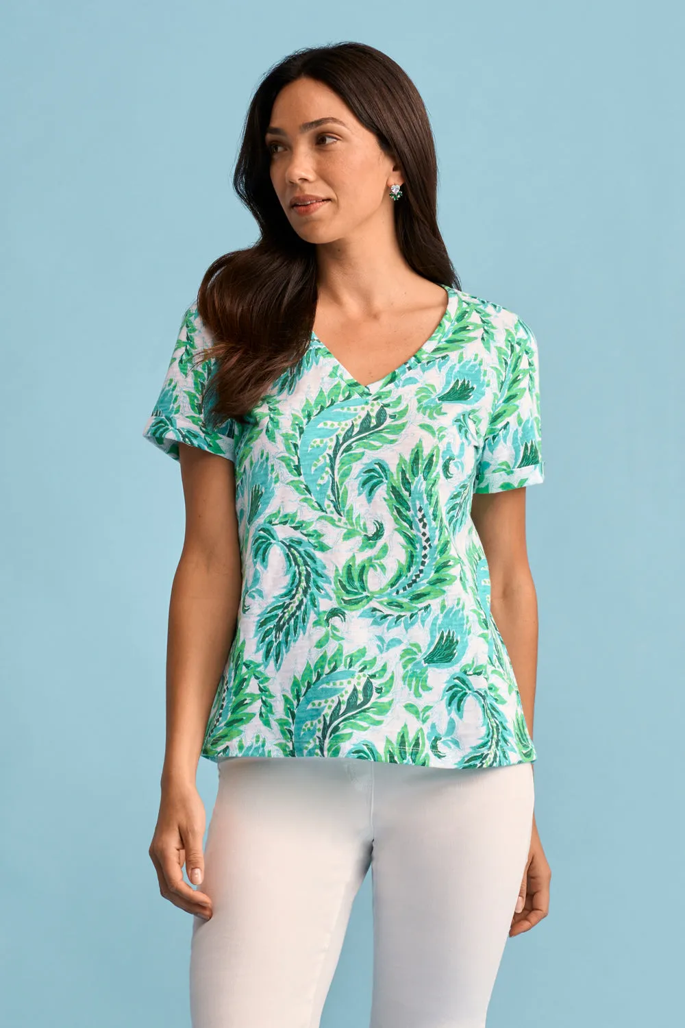 Print V-Neck T-Shirt - Fern