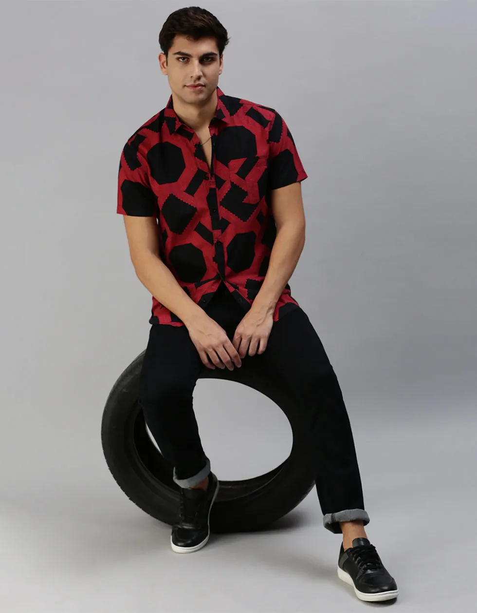 Red Geometric Printed Casual Shirt