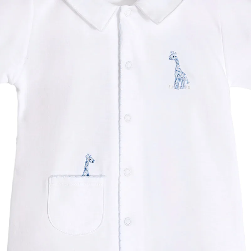 Safari Lightblue Animals Embroidery Footie Collared