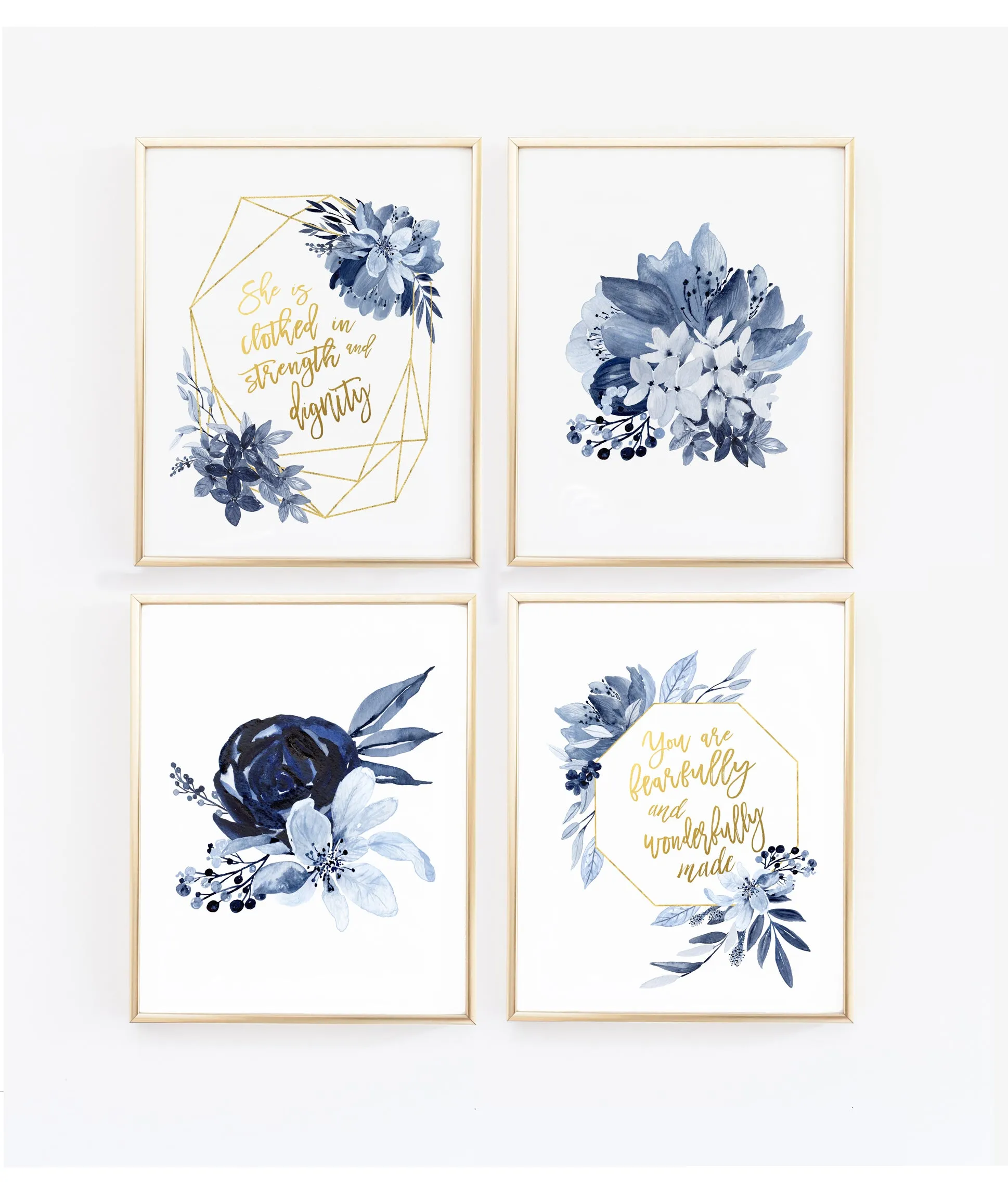 She is clothed / Wonderfully made Baby girl nursery wall prints in navy and gold