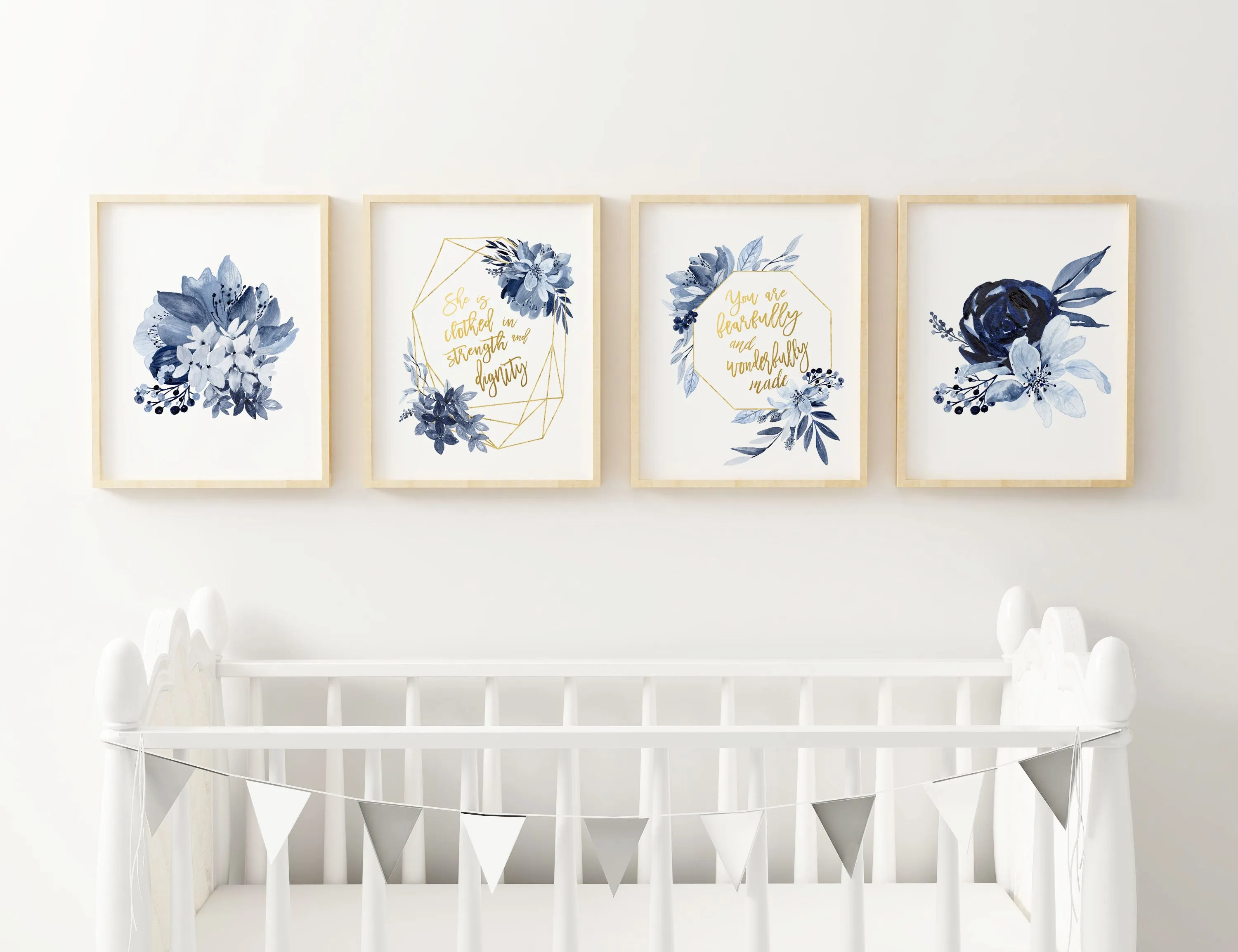 She is clothed / Wonderfully made Baby girl nursery wall prints in navy and gold