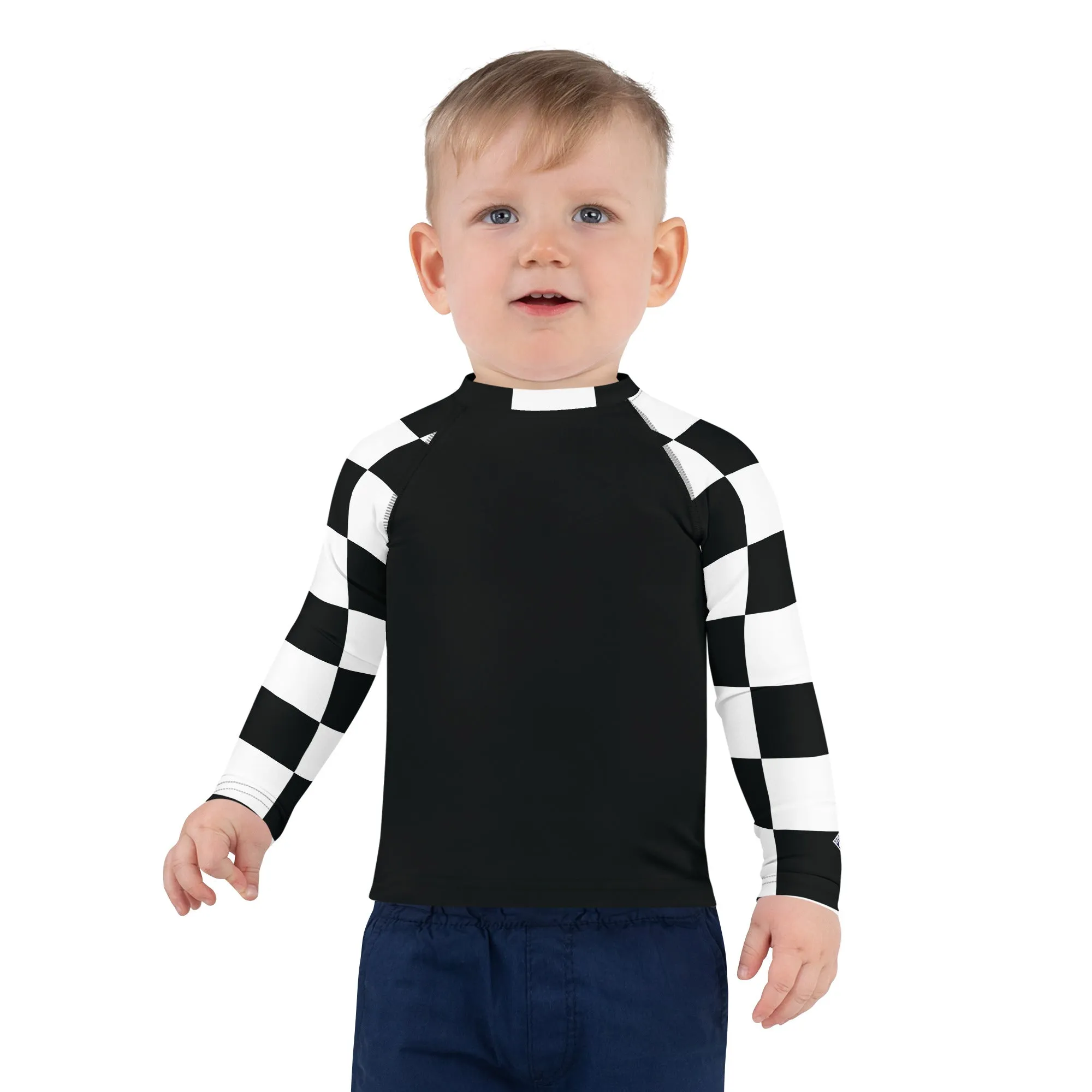 Stylish Safety: Kids Boys' Checkered Long Sleeve Rash Guard - Noir