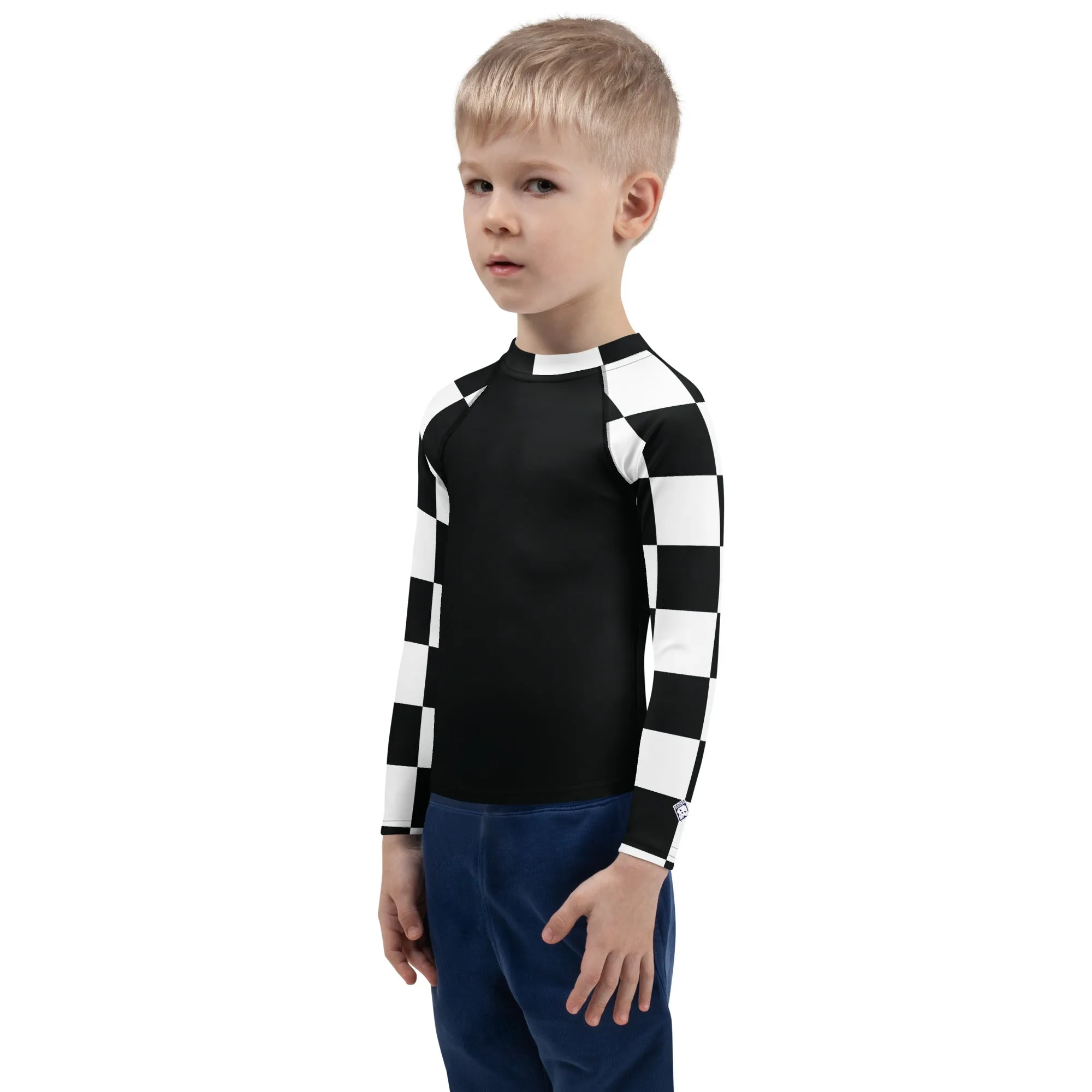 Stylish Safety: Kids Boys' Checkered Long Sleeve Rash Guard - Noir