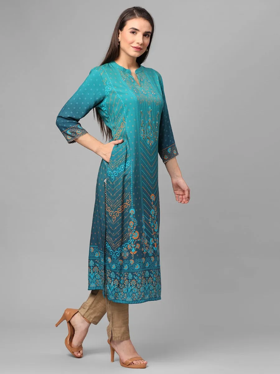 Turquoise Floral Printed Kurta