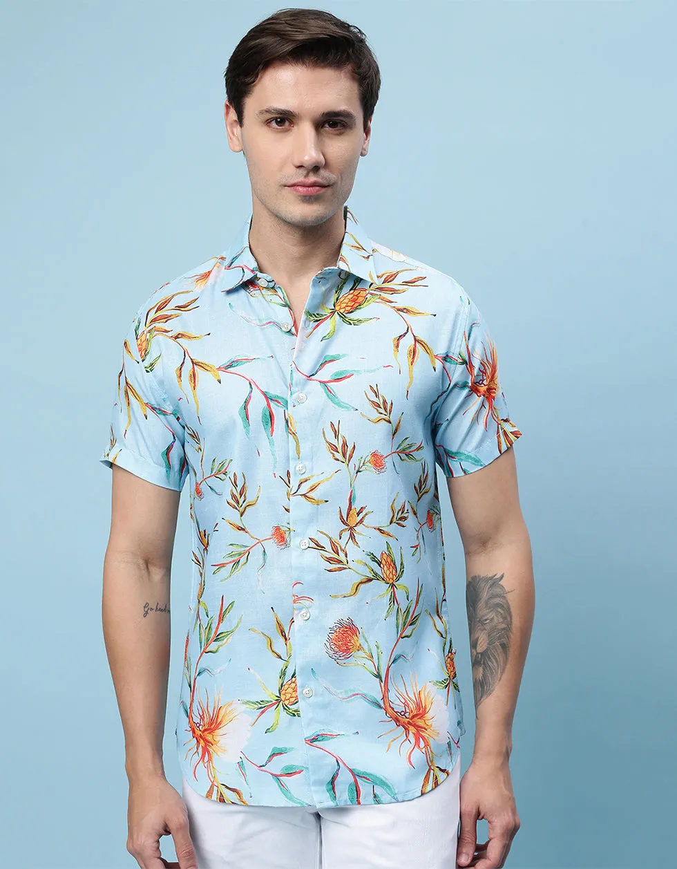 White Floral Printed Casual Shirt