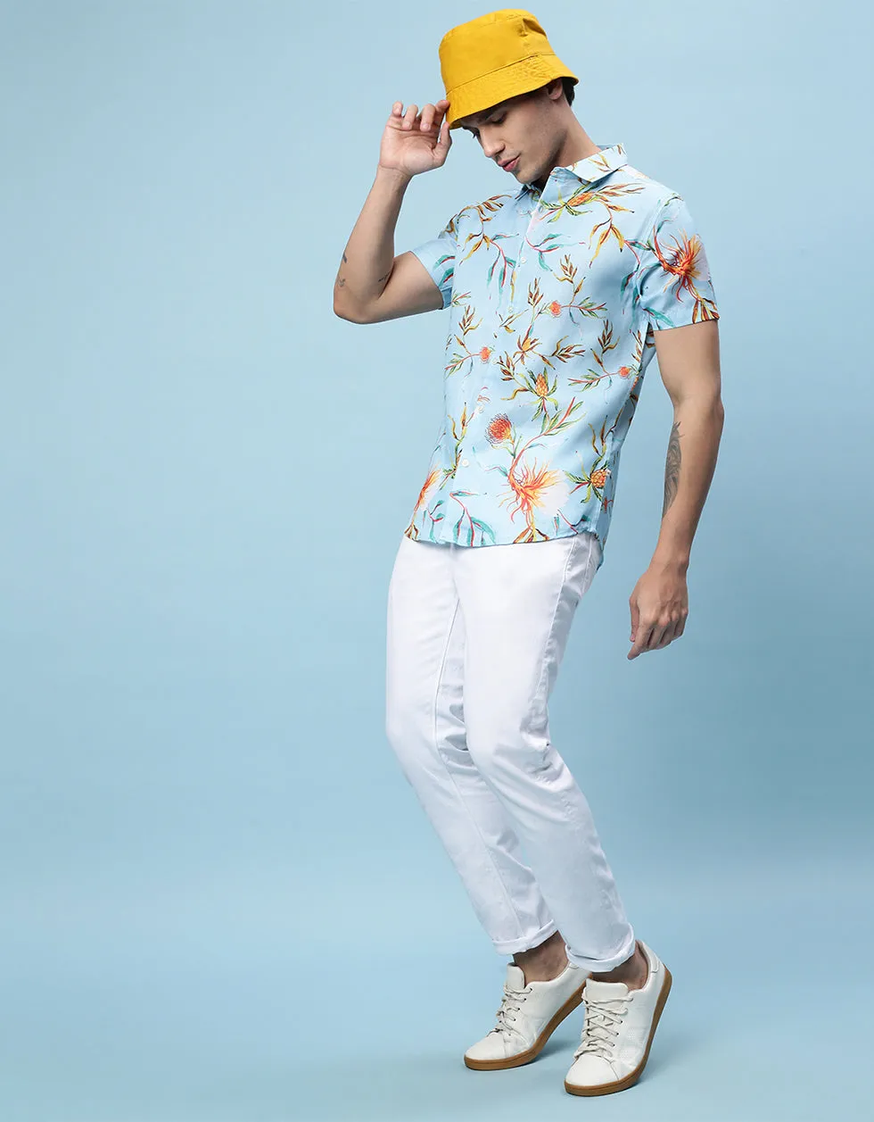 White Floral Printed Casual Shirt