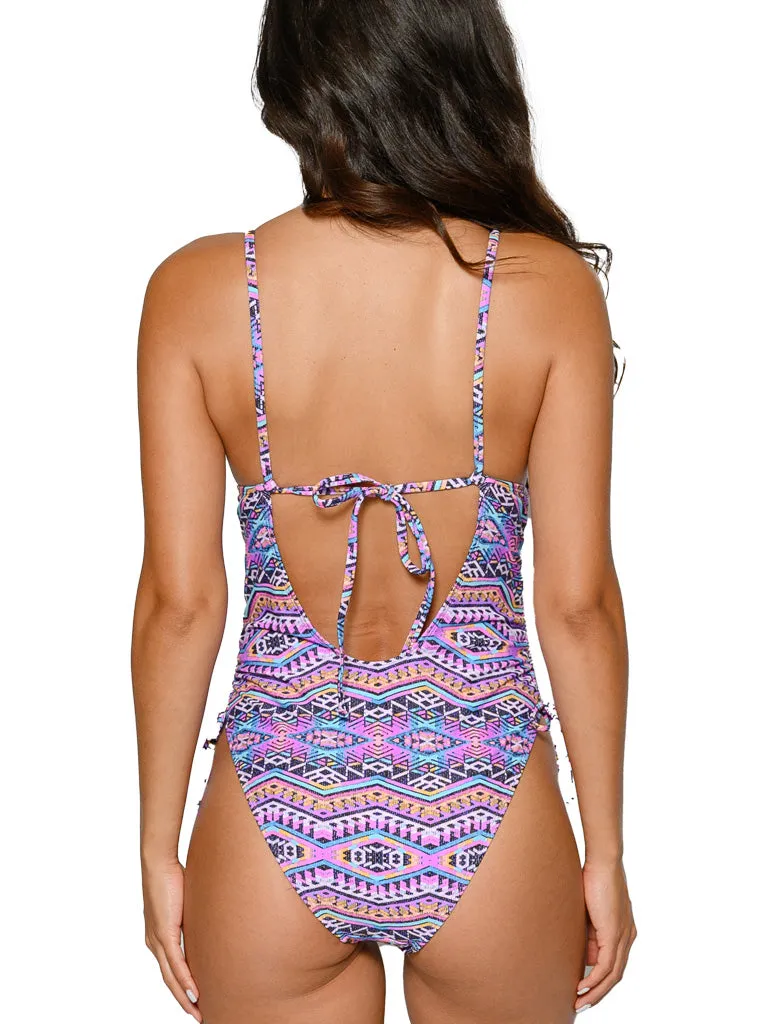 Women's bathing suit with ties on the sides and adjustable tie on the back